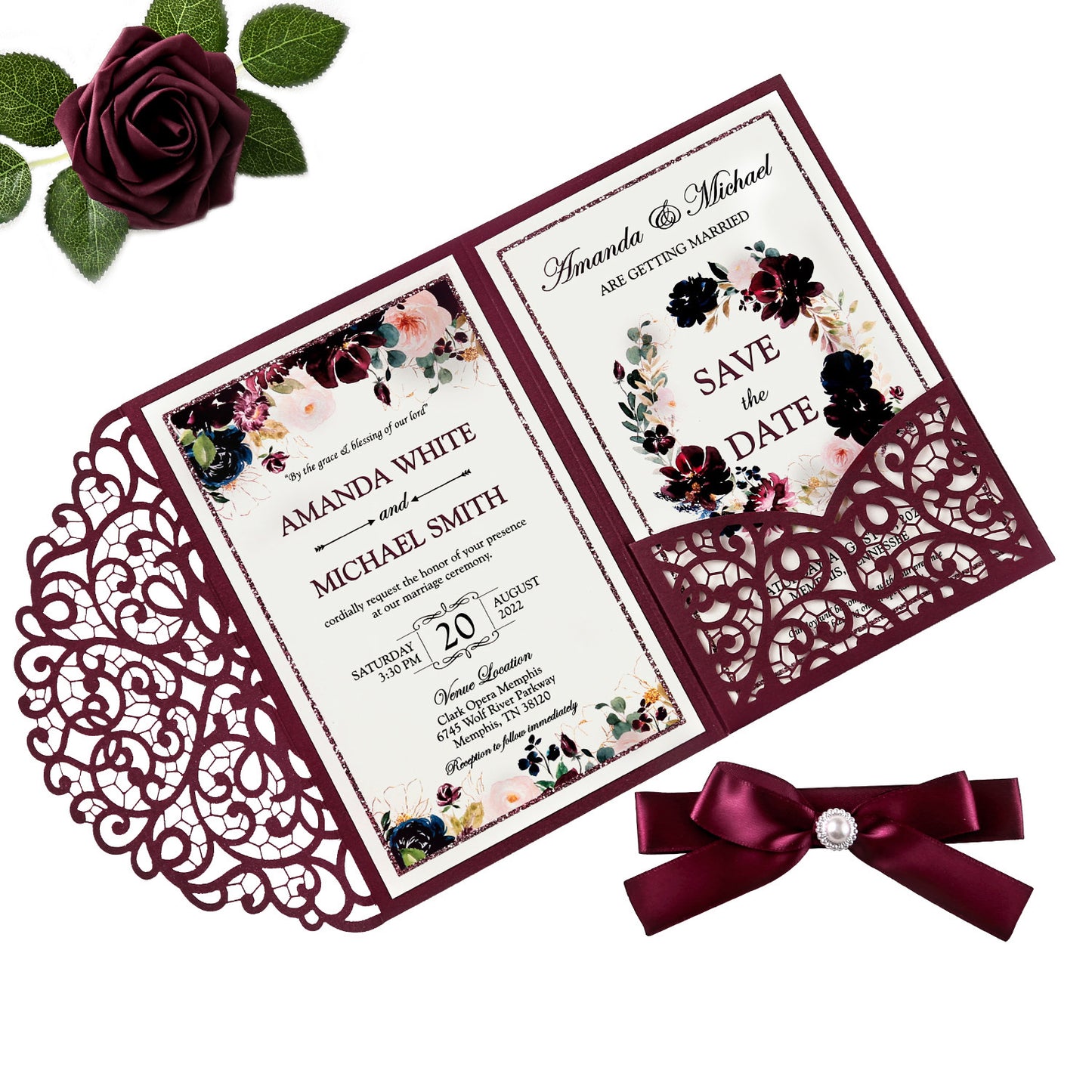 4.7 x7 inch Burgundy Laser Cut Hollow Rose Wedding Invitations Cards with Envelopes for Wedding Party