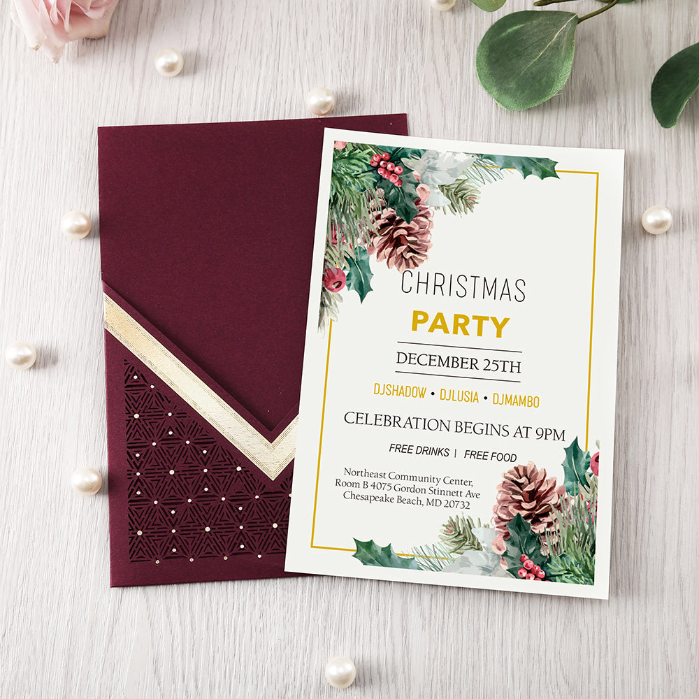 Burgundy Floral Laser cut invitation cards for Wedding, Anniversary, Quinceanera - DorisHome