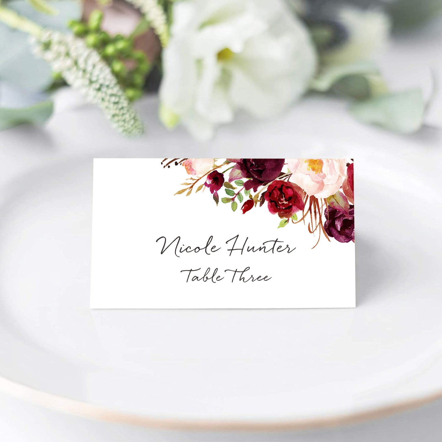 Floral Place Cards for Wedding or Party, Seating Place Cards for Tables, Scored for Easy Folding, Burgundy Flower Design, 2 x 3.5 Inches