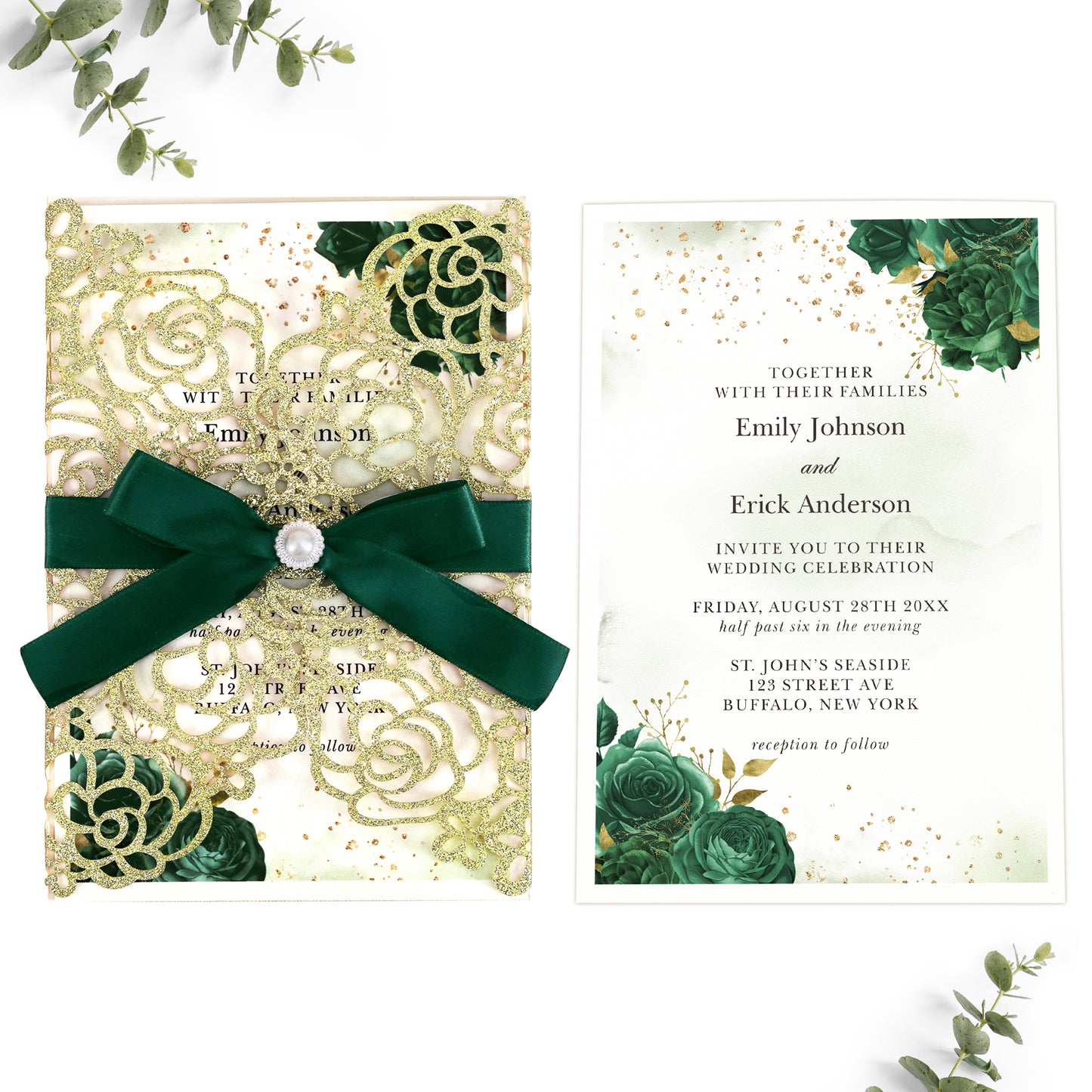 Gold Glitter Floral Laser cut invitation cards with Emerald Green Ribbon and Pearl for Wedding Anniversary