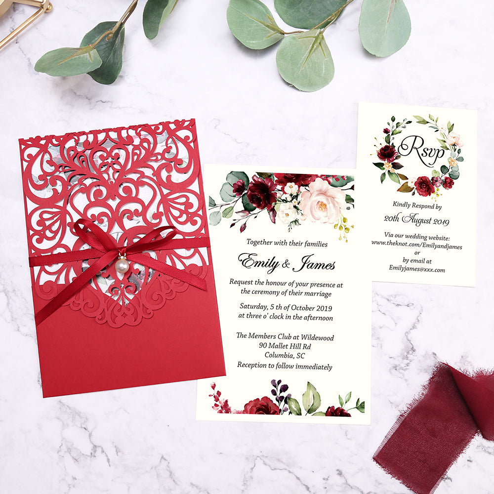 DreamBuilt Red Floral Laser cut invitation cards with ribbon belly band and pearl for Wedding