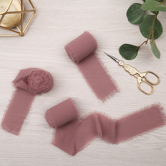 Handmade Fringe Chiffon Silk-Like Ribbon 2" x 7Yd Set of 3 Rolls Ribbons for Wedding Invitations, Bouquets, Gift Wrapping (3 Rolls Mauve) - DorisHome