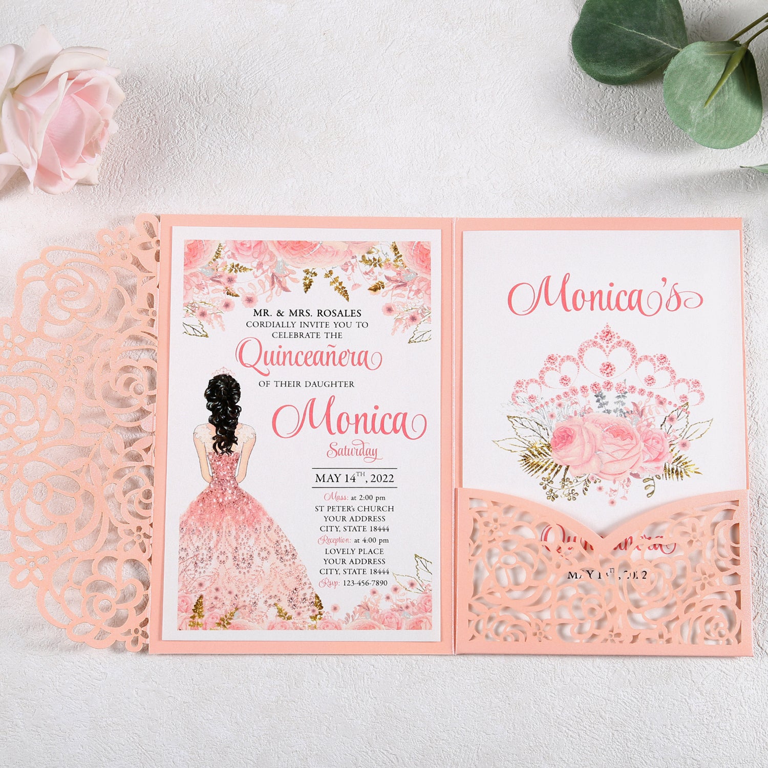 4.7 x7 inch Pink Laser Cut Hollow Rose Wedding Invitations Cards with Pearlized Pockets and Envelopes for Wedding Bridal Shower - DorisHome