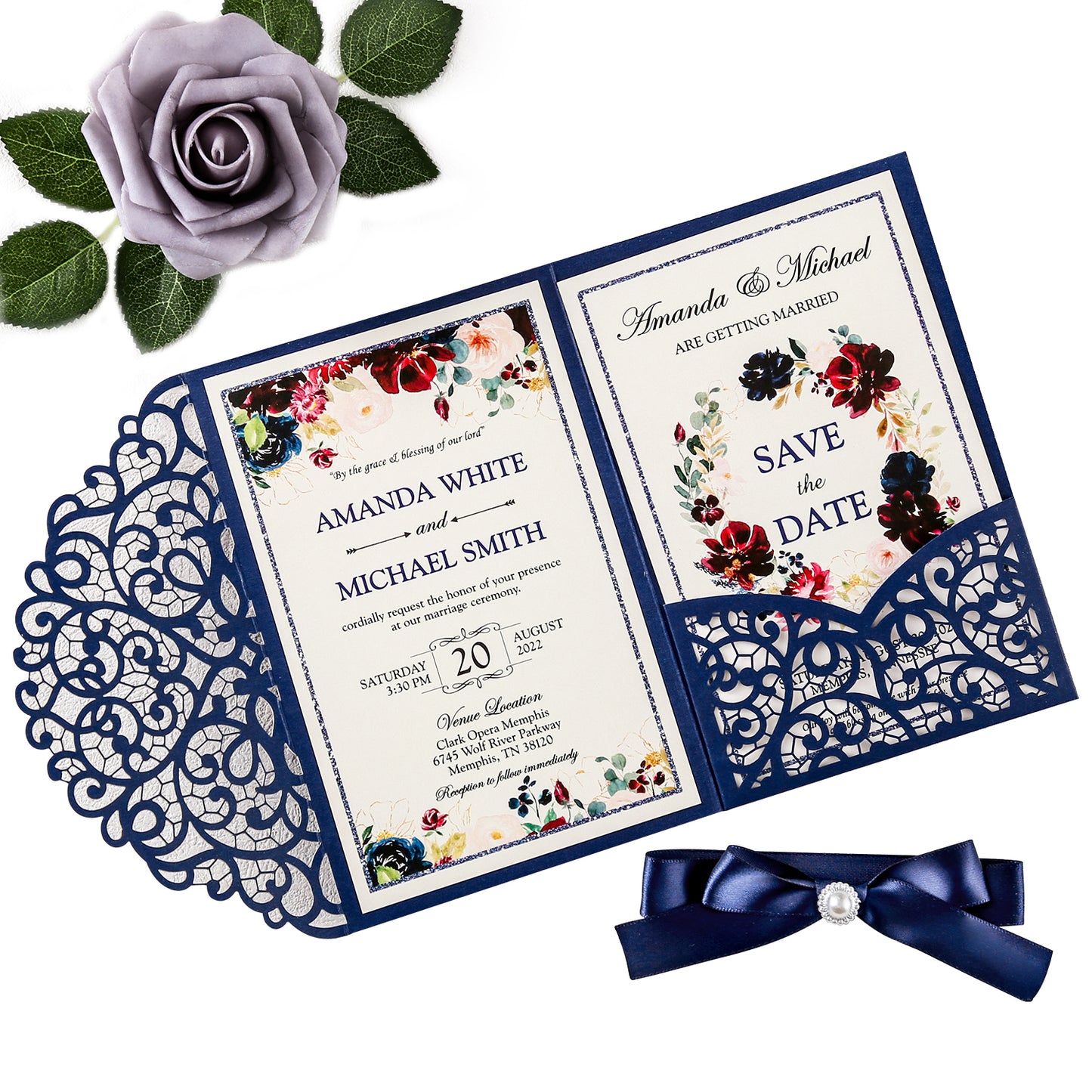 4.7 x7 inch Blue Laser Cut Hollow Rose Wedding Invitations Cards with Envelopes for Wedding Party