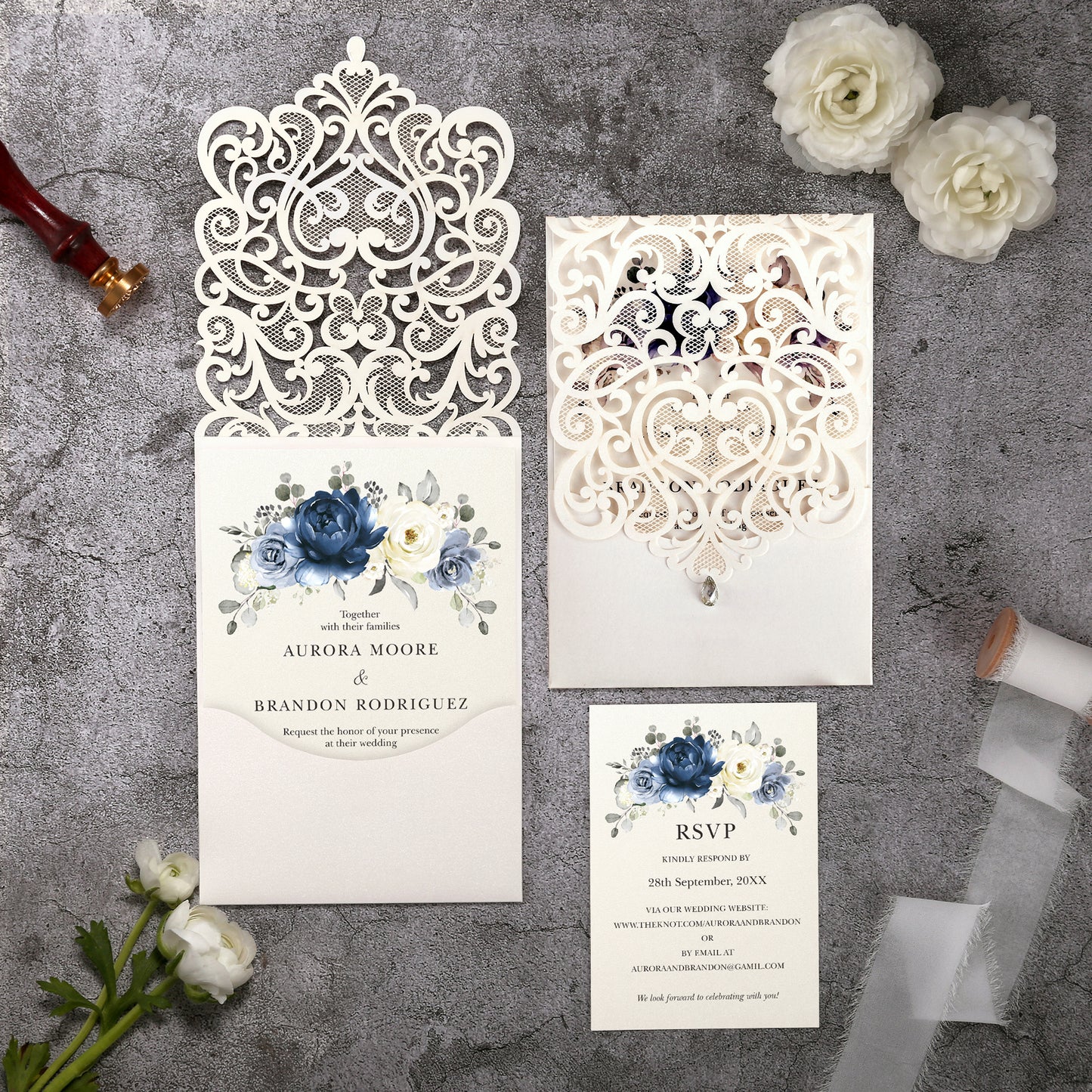 Vertical Blue Floral Laser cut invitations for Wedding Anniversary
