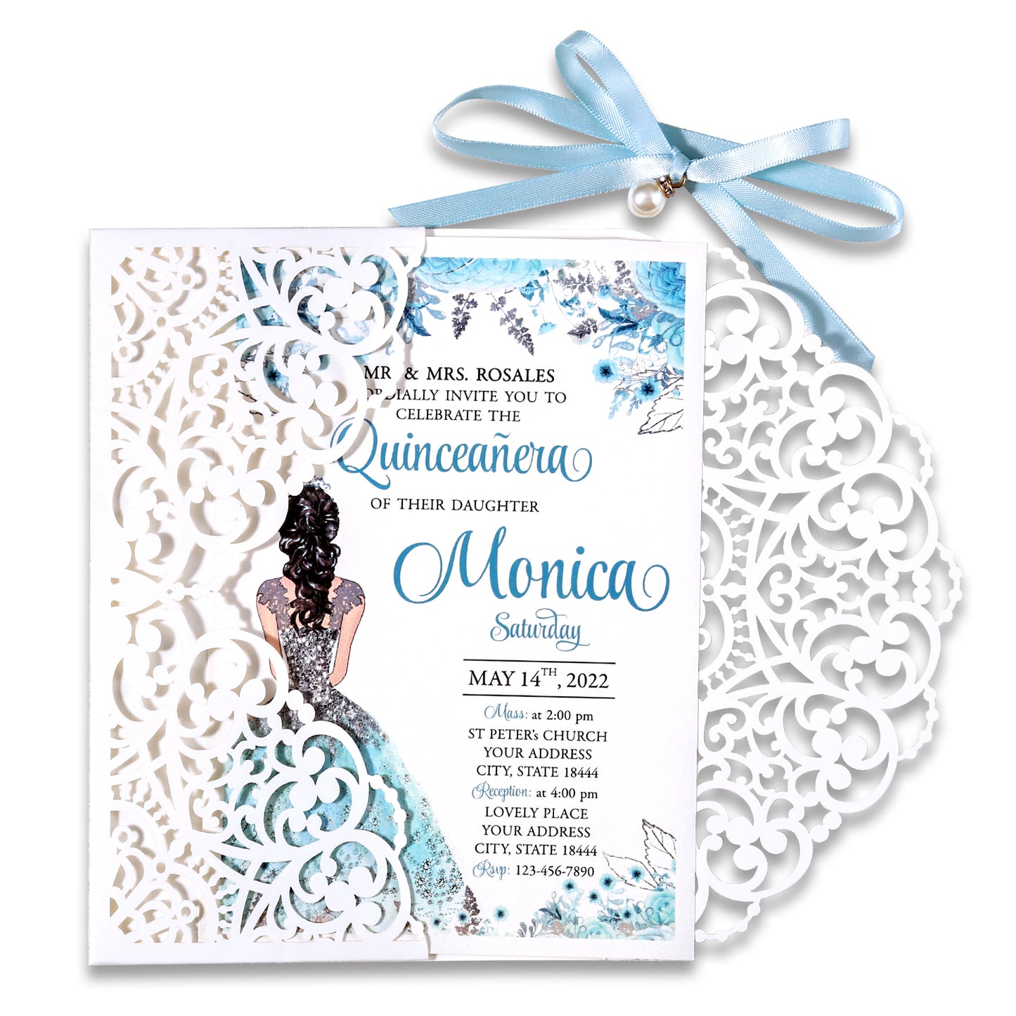5 X 7.2" Laser Cut Hollow Rose Wedding invitations Cards With Blue Ribbon And Envelopes For Quinceanera Sweet 15 Invite - DorisHome