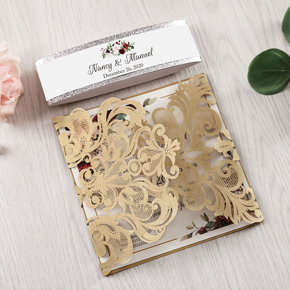 Square Gold Wedding Invitations with Belly Band for Wedding, Bridal Shower, Dinner - DorisHome