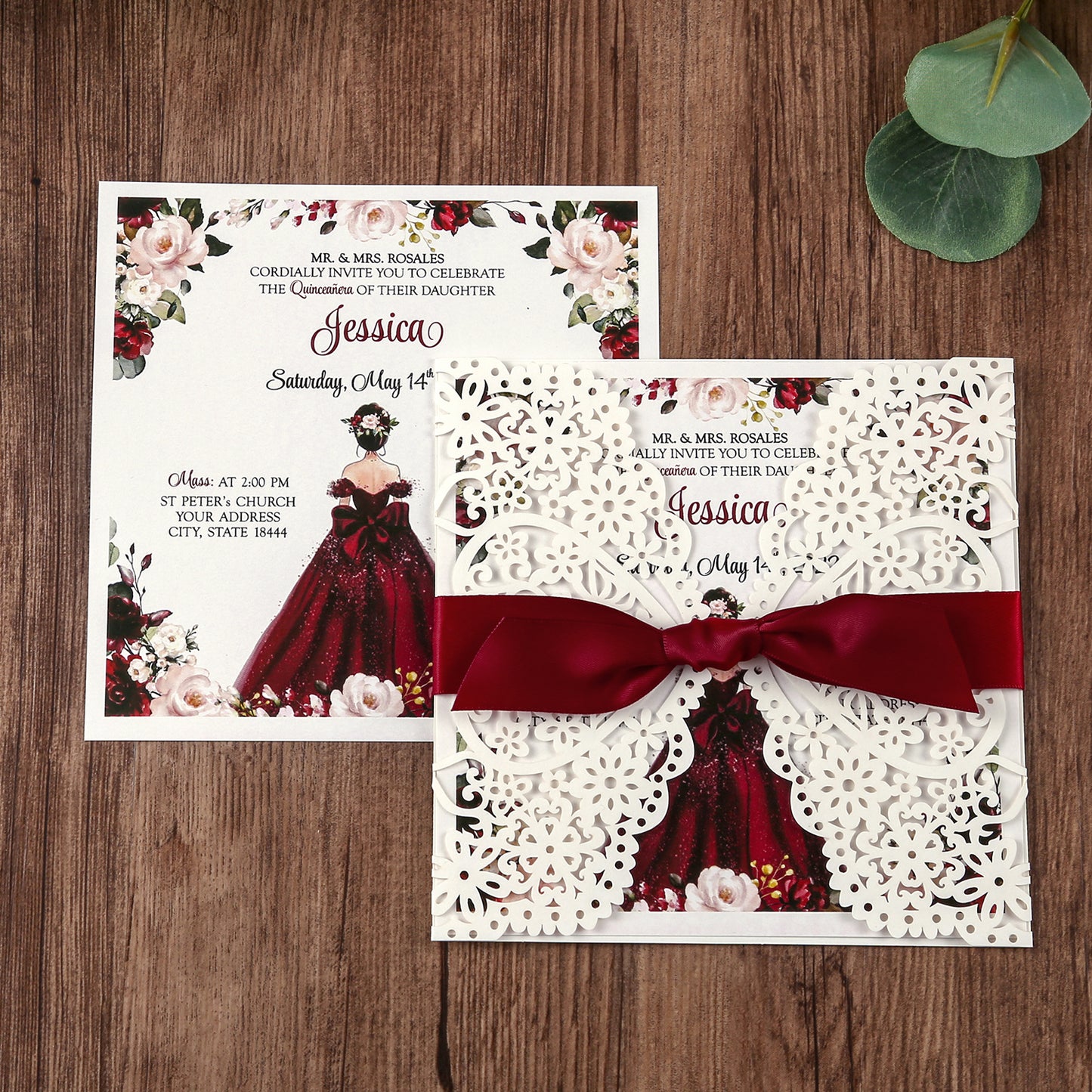 Square Invitations Cards With Burgundy Ribbon For Quinceanera - DorisHome