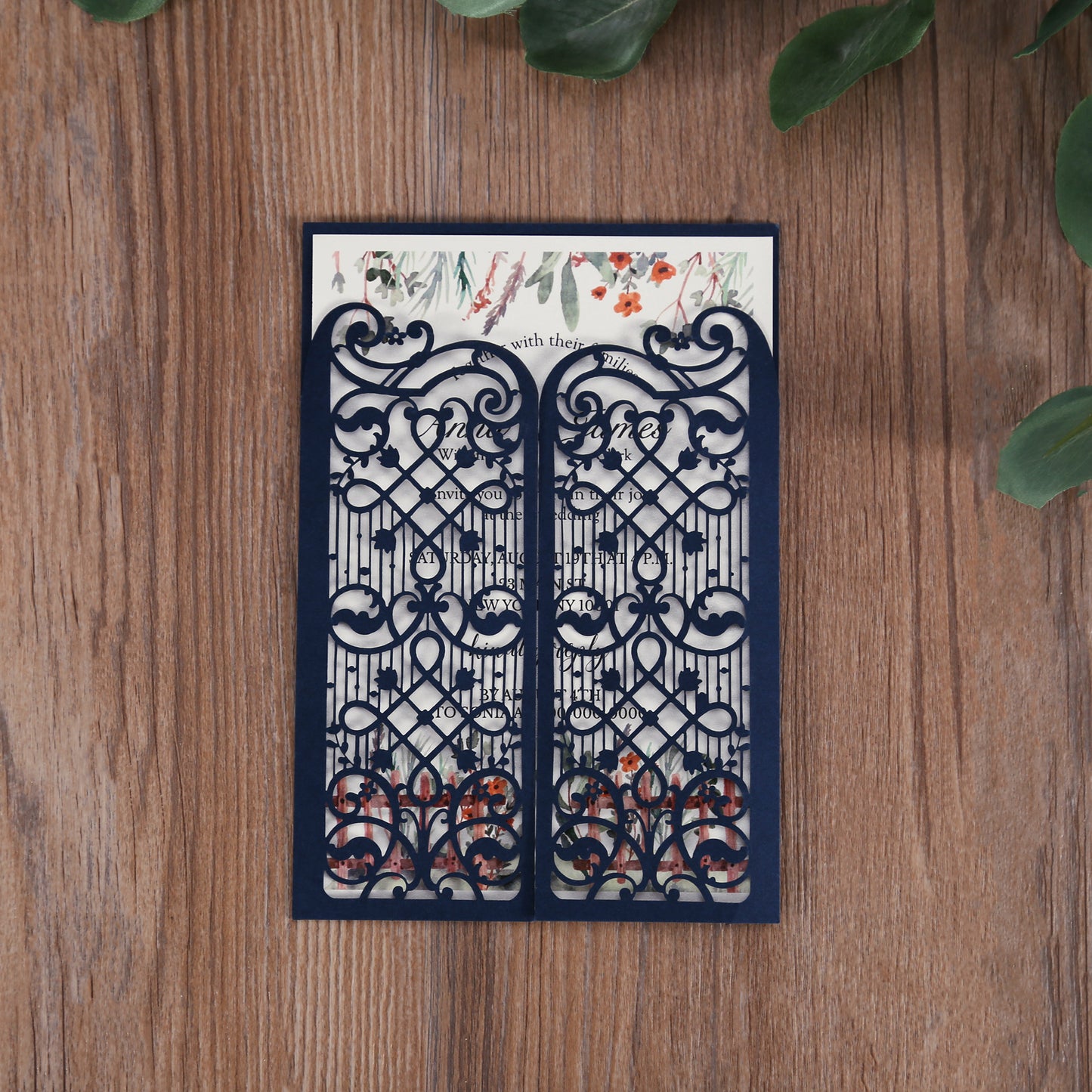 Vertical Navy Blue Elegant Wedding Invitation With Laser Cut Flower, CW5102