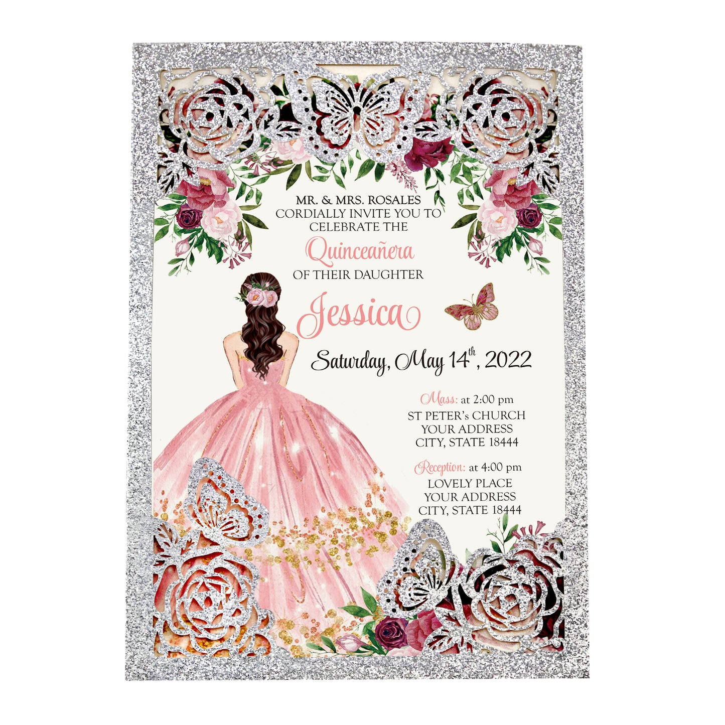 Silver with Hollow Butterflies Invitations Greeting Cards For Quinceanera