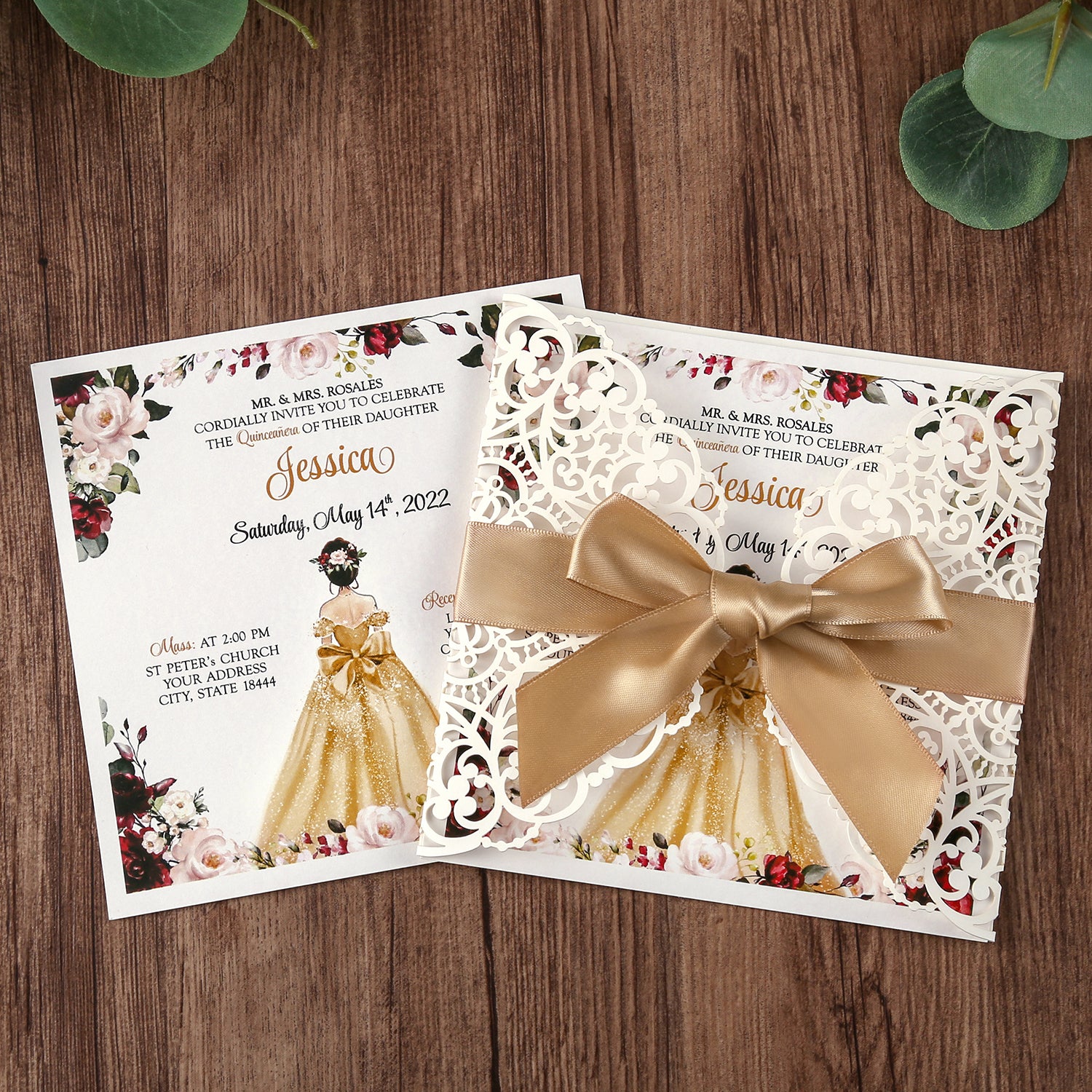 Square Wedding Invitations Cards with Gold Ribbon For Quinceanera - DorisHome