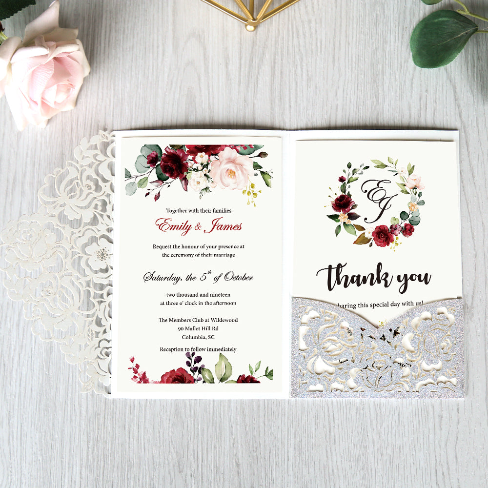 Glitter Silver Floral Laser cut invitation cards for Wedding - DorisHome