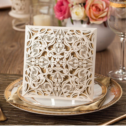 Square Beige Laser Cut Lace Flower Invitations Cards - DorisHome