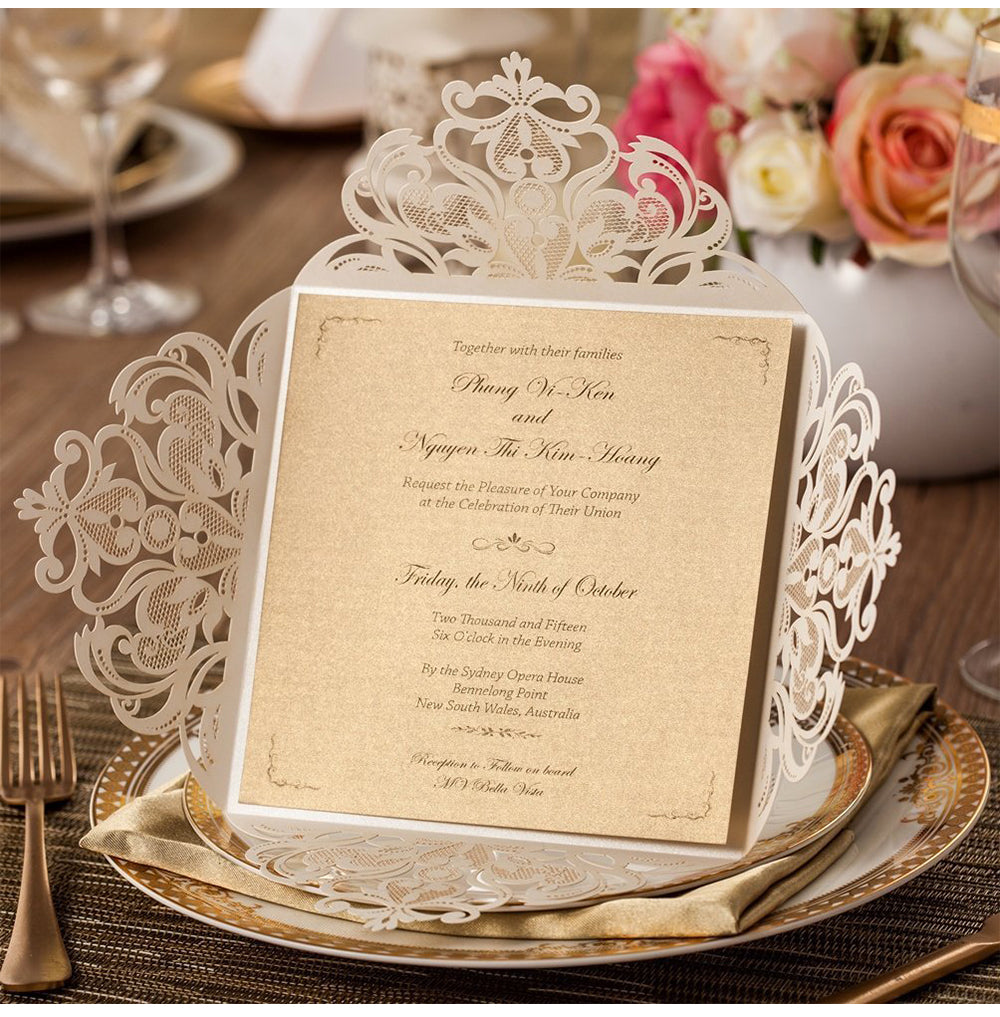 Square Beige Laser Cut Lace Flower Invitations Cards - DorisHome