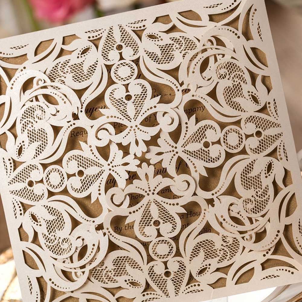 Square Beige Laser Cut Lace Flower Invitations Cards - DorisHome