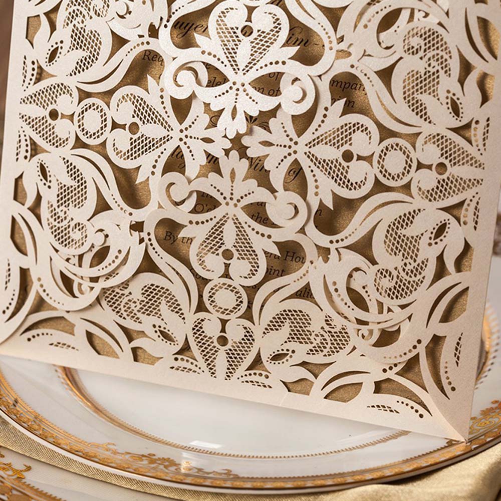 Square Beige Laser Cut Lace Flower Invitations Cards - DorisHome