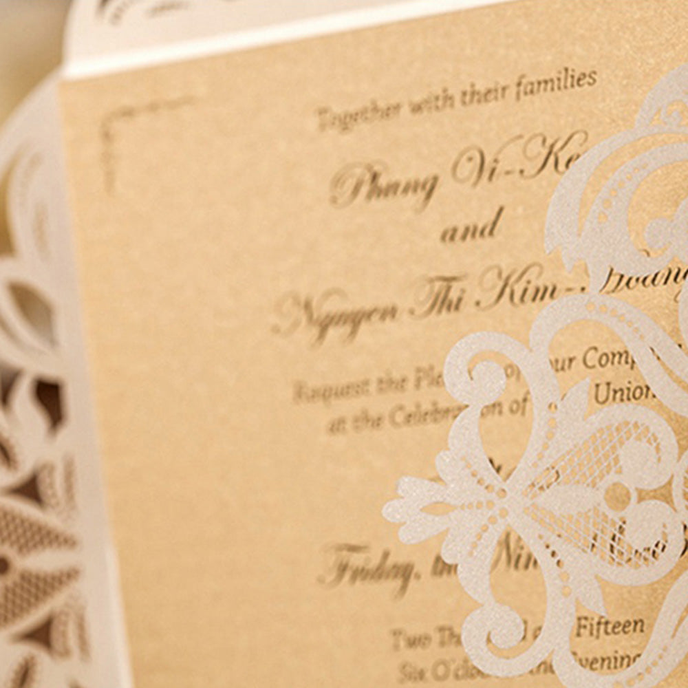 Square Beige Laser Cut Lace Flower Invitations Cards - DorisHome