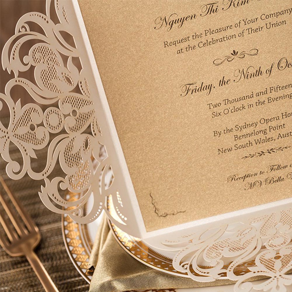 Square Beige Laser Cut Lace Flower Invitations Cards - DorisHome