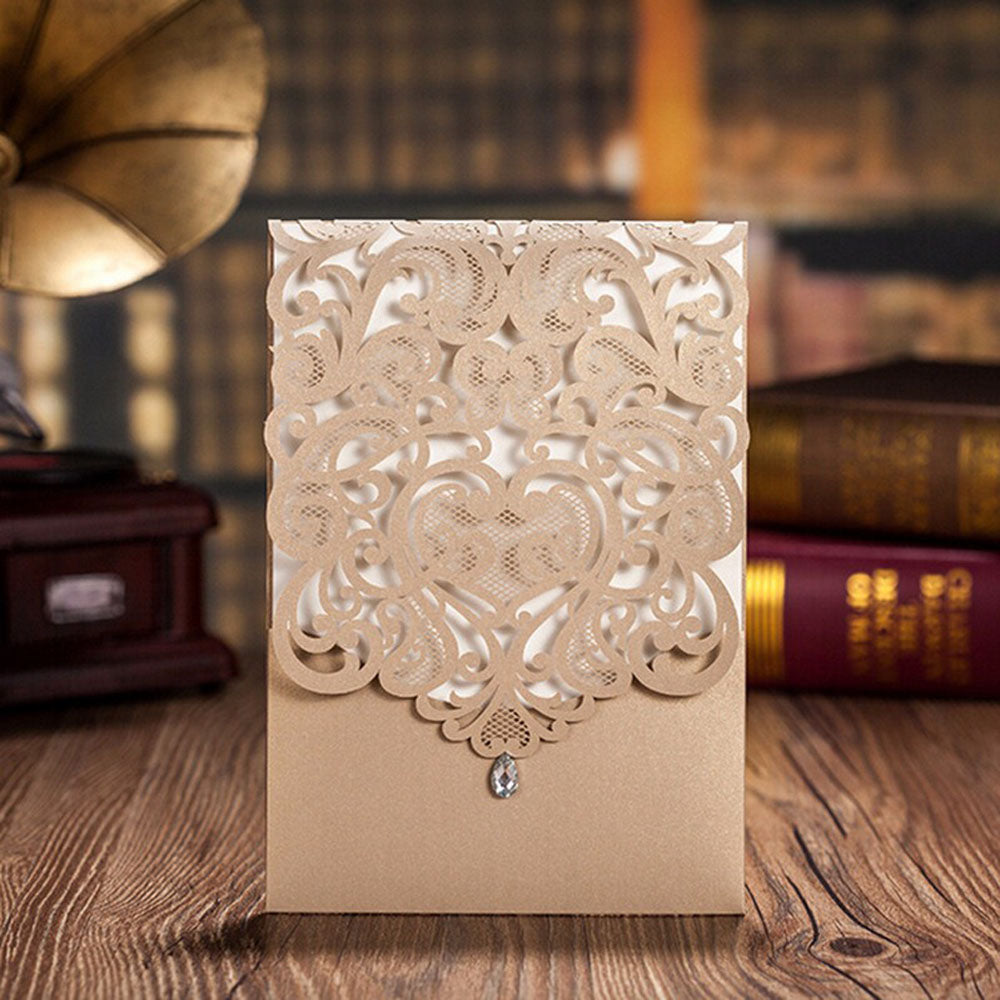 Vertical Gold Classic Style Wedding Invitations Cards With Rhinestone - DorisHome