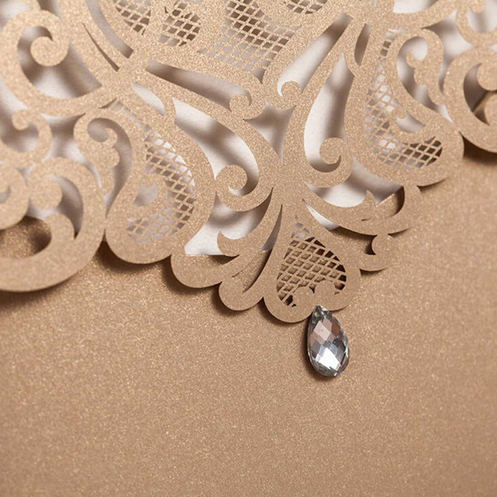 Vertical Gold Classic Style Wedding Invitations Cards With Rhinestone - DorisHome