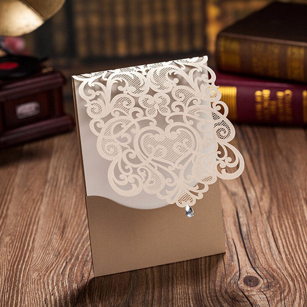 Vertical Gold Classic Style Wedding Invitations Cards With Rhinestone - DorisHome