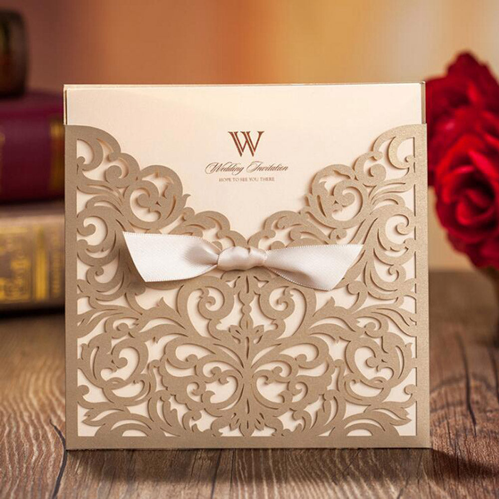 Gold Laser Cut Beige Ribbon Wedding Invitation,Invitations - DorisHome