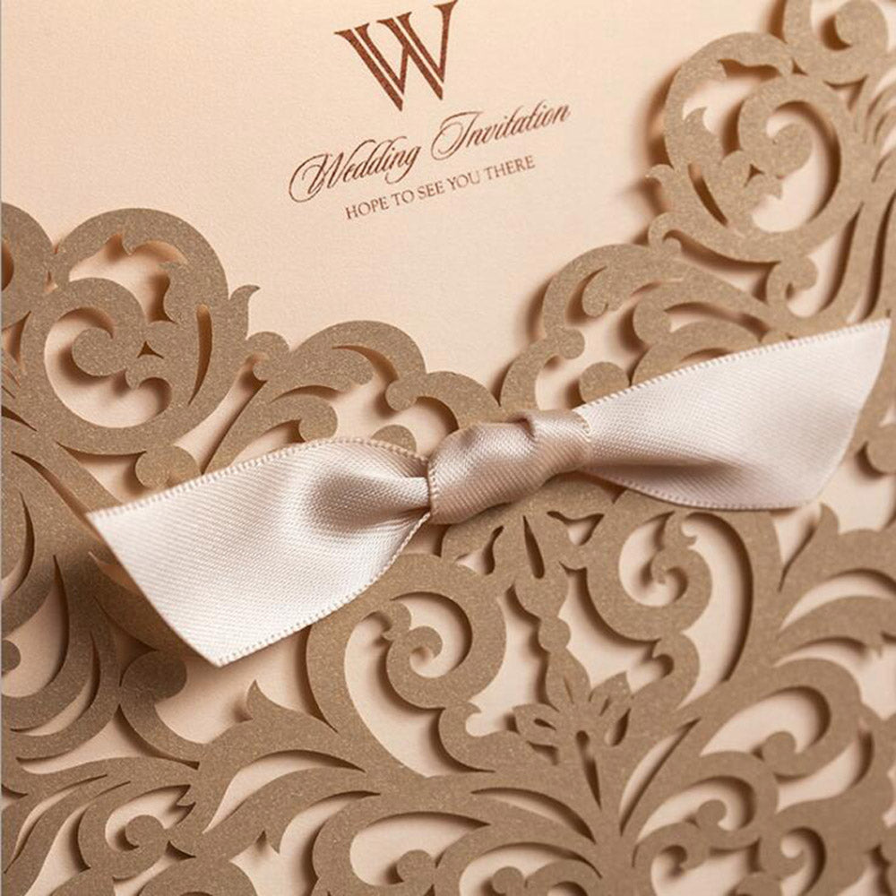 Gold Laser Cut Beige Ribbon Wedding Invitation,Invitations - DorisHome