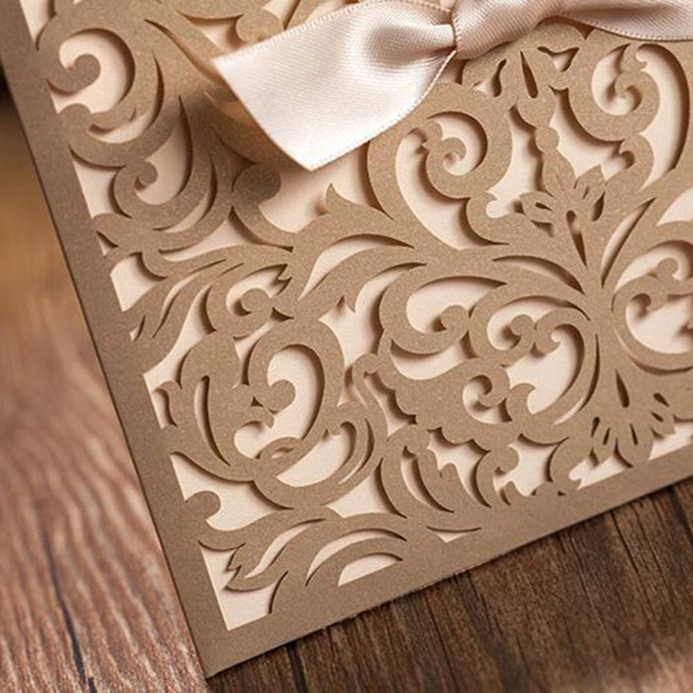 Gold Laser Cut Beige Ribbon Wedding Invitation,Invitations - DorisHome