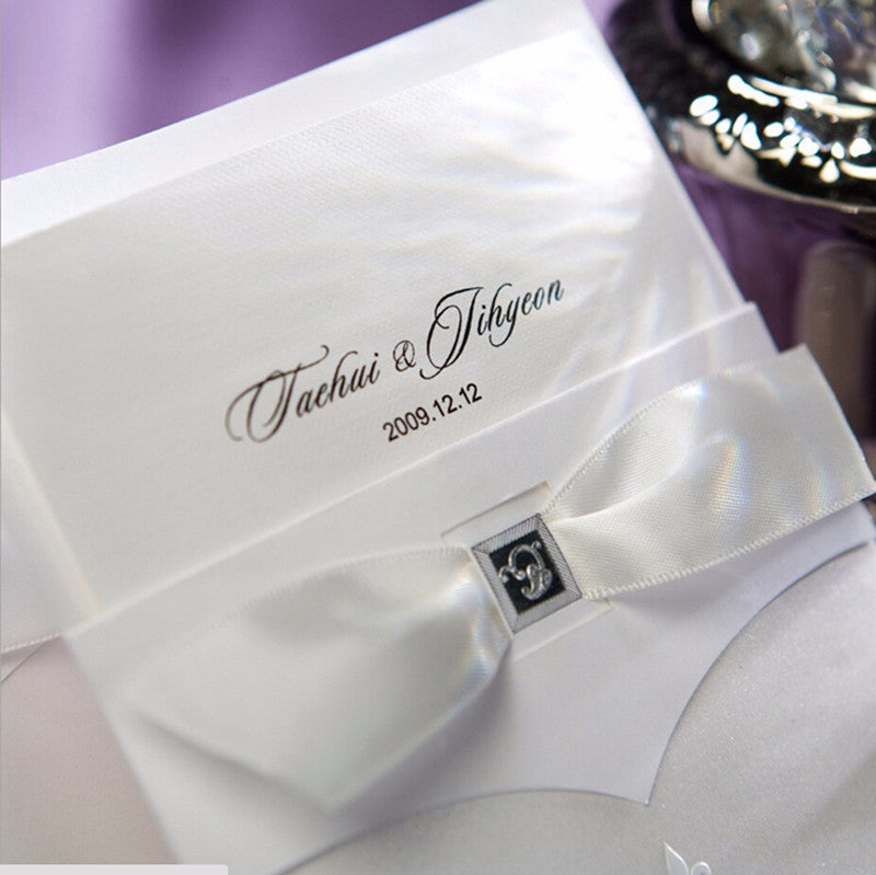 Vertical Ivory White Flora Pattern with Bowknot Engagement Wedding Invitation - DorisHome