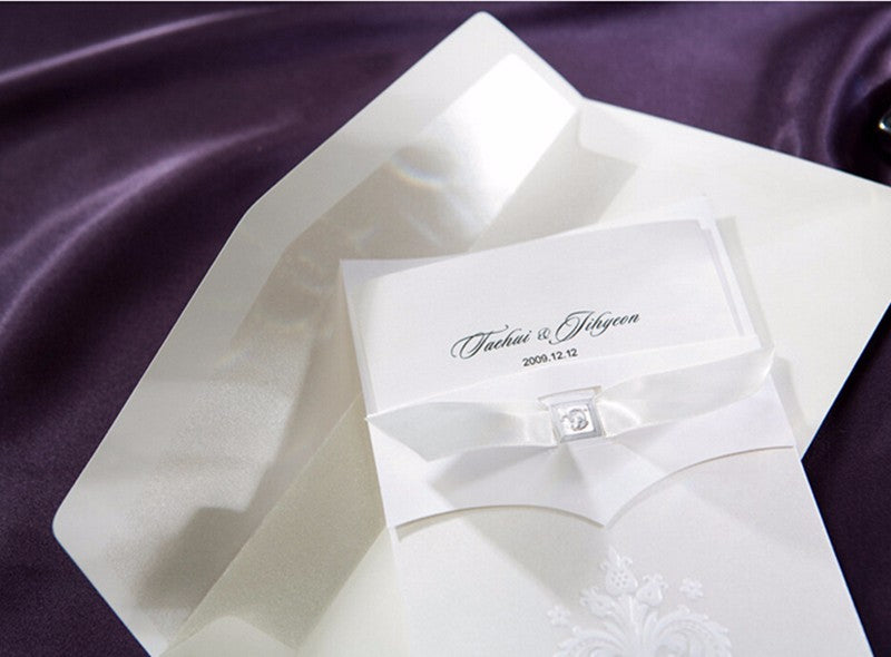 Vertical Ivory White Flora Pattern with Bowknot Engagement Wedding Invitation - DorisHome