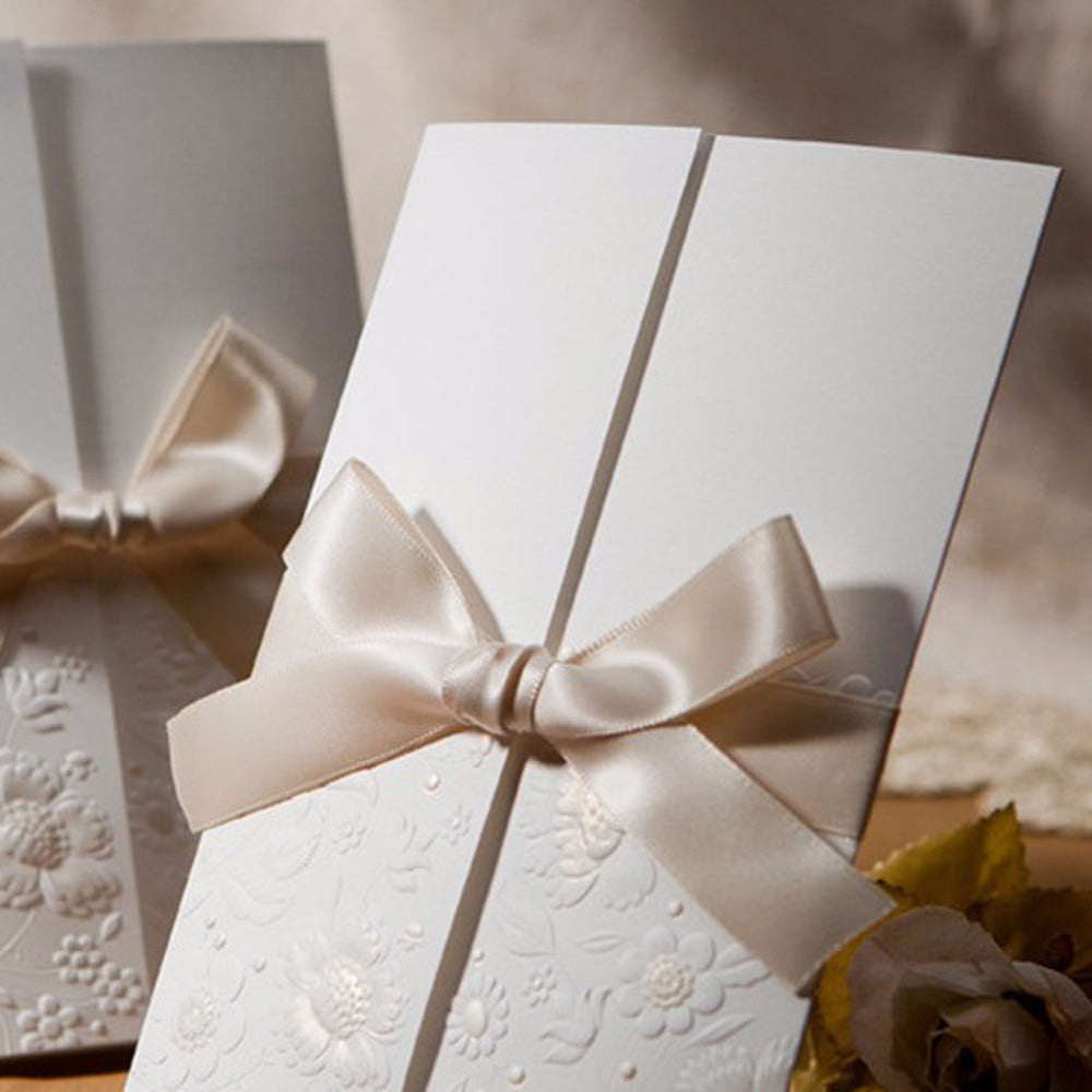 Vintage Embossed Tri-fold Engagement Wedding Invitation With Lace Bowknot - DorisHome