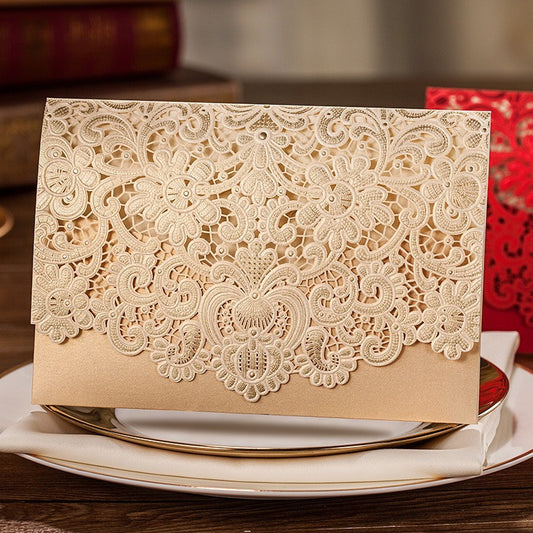 Gold Laser Cut Hollow Flora Wedding Invitation, Invitations - DorisHome