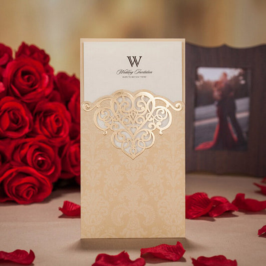 Shiny Gold Vertical Hollow Pattern Engagement Wedding Invitation - DorisHome