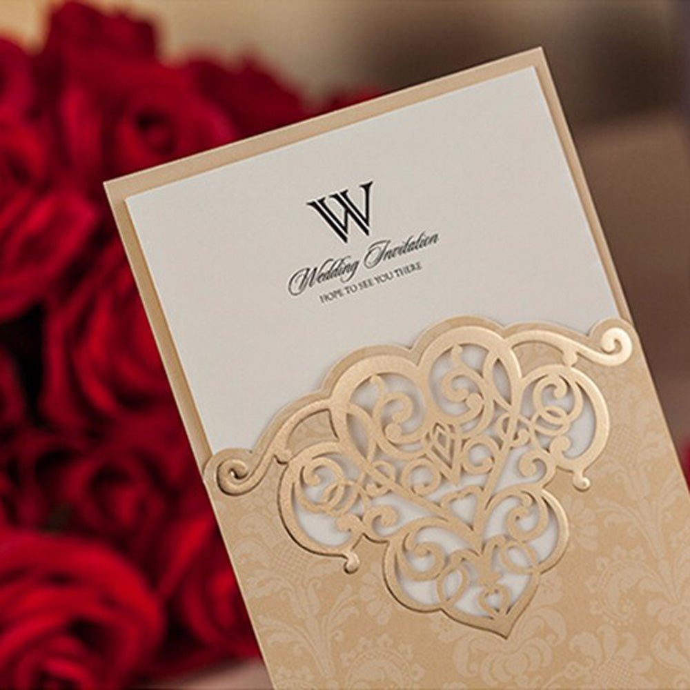 Shiny Gold Vertical Hollow Pattern Engagement Wedding Invitation - DorisHome