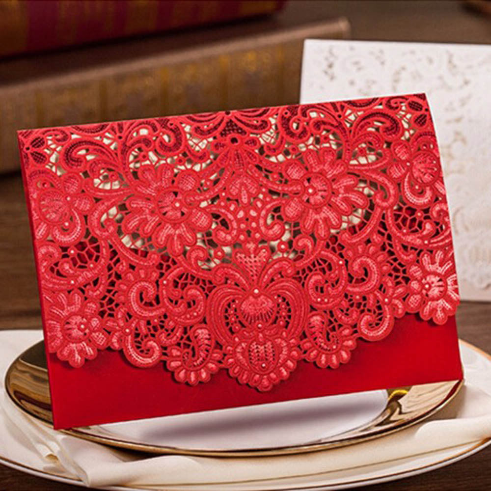 Horizontal Laser Cut Wedding Invitation with Red Hollow Flora - DorisHome
