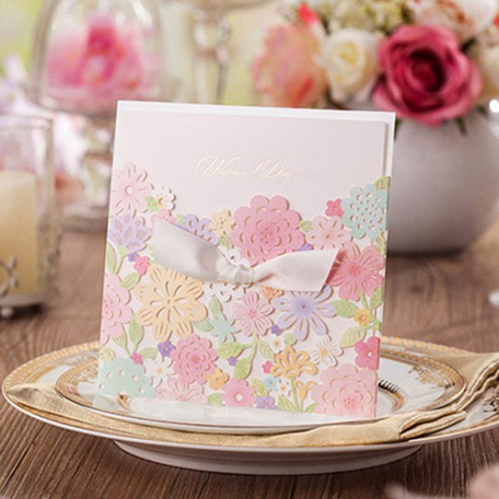 Laser Cut Wedding Invitation with multi flower & bowknot - DorisHome