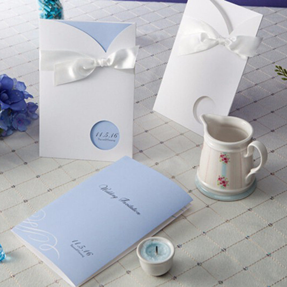 Vertical Laser Cut Engagement Wedding Invitation with white bowknot - DorisHome