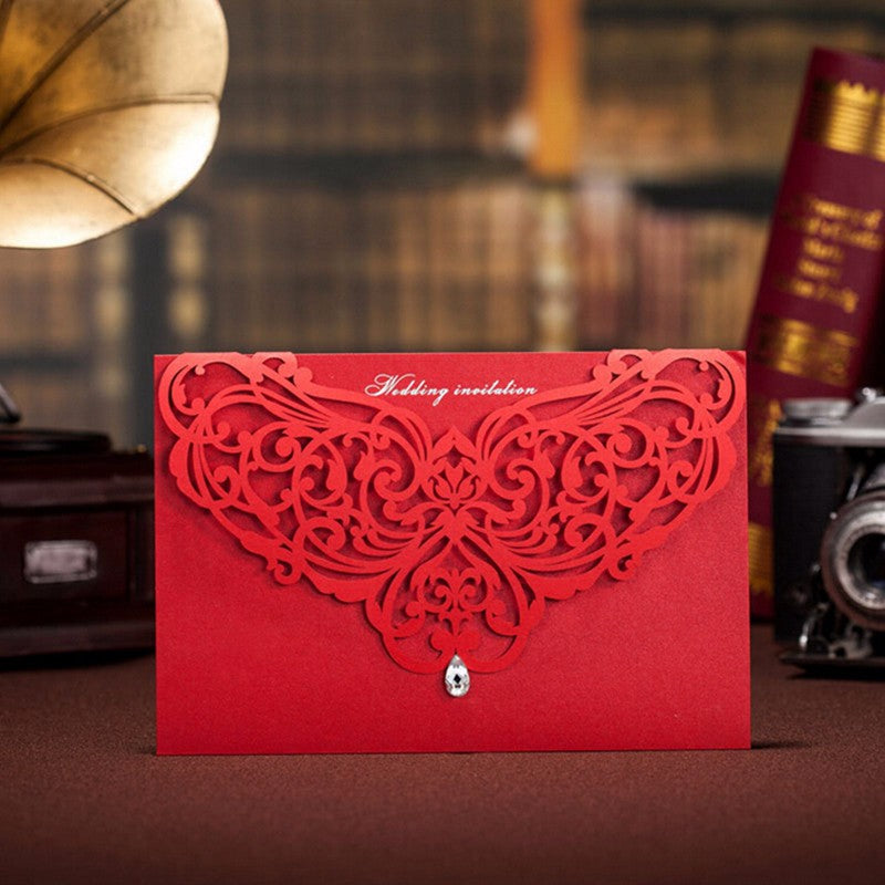 Horizontal Laser Cut Wedding Invitation with Red Hollow Flora Favors and Rhinestone - DorisHome