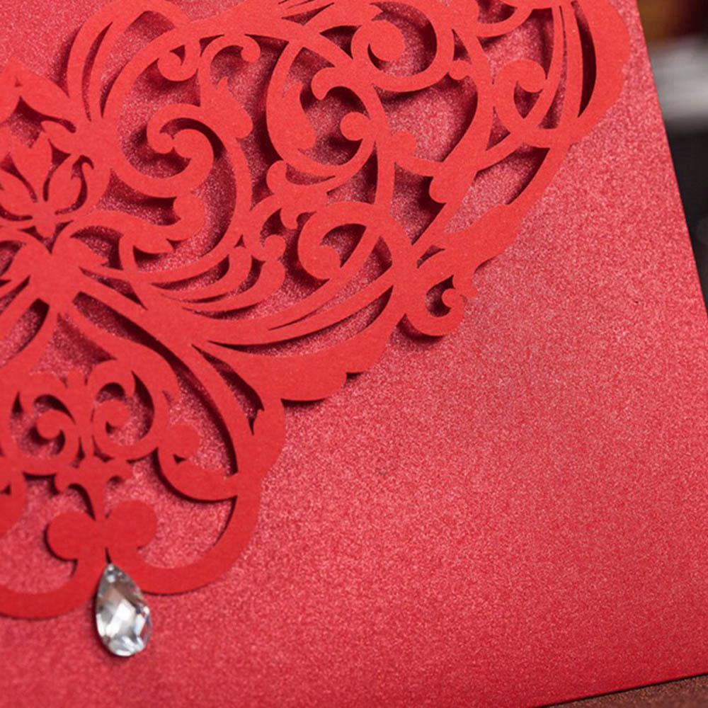 Horizontal Laser Cut Wedding Invitation with Red Hollow Flora Favors and Rhinestone - DorisHome