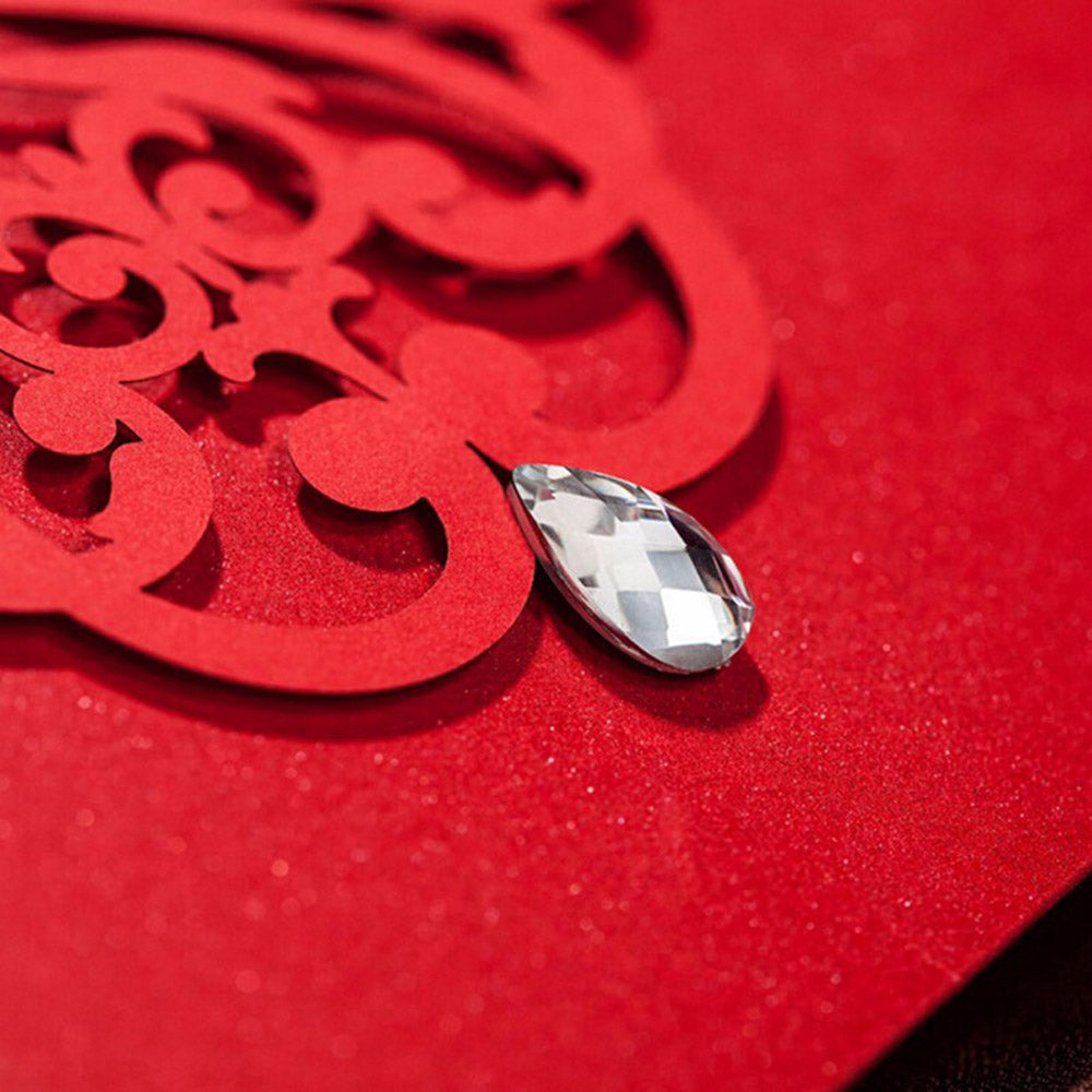Horizontal Laser Cut Wedding Invitation with Red Hollow Flora Favors and Rhinestone - DorisHome