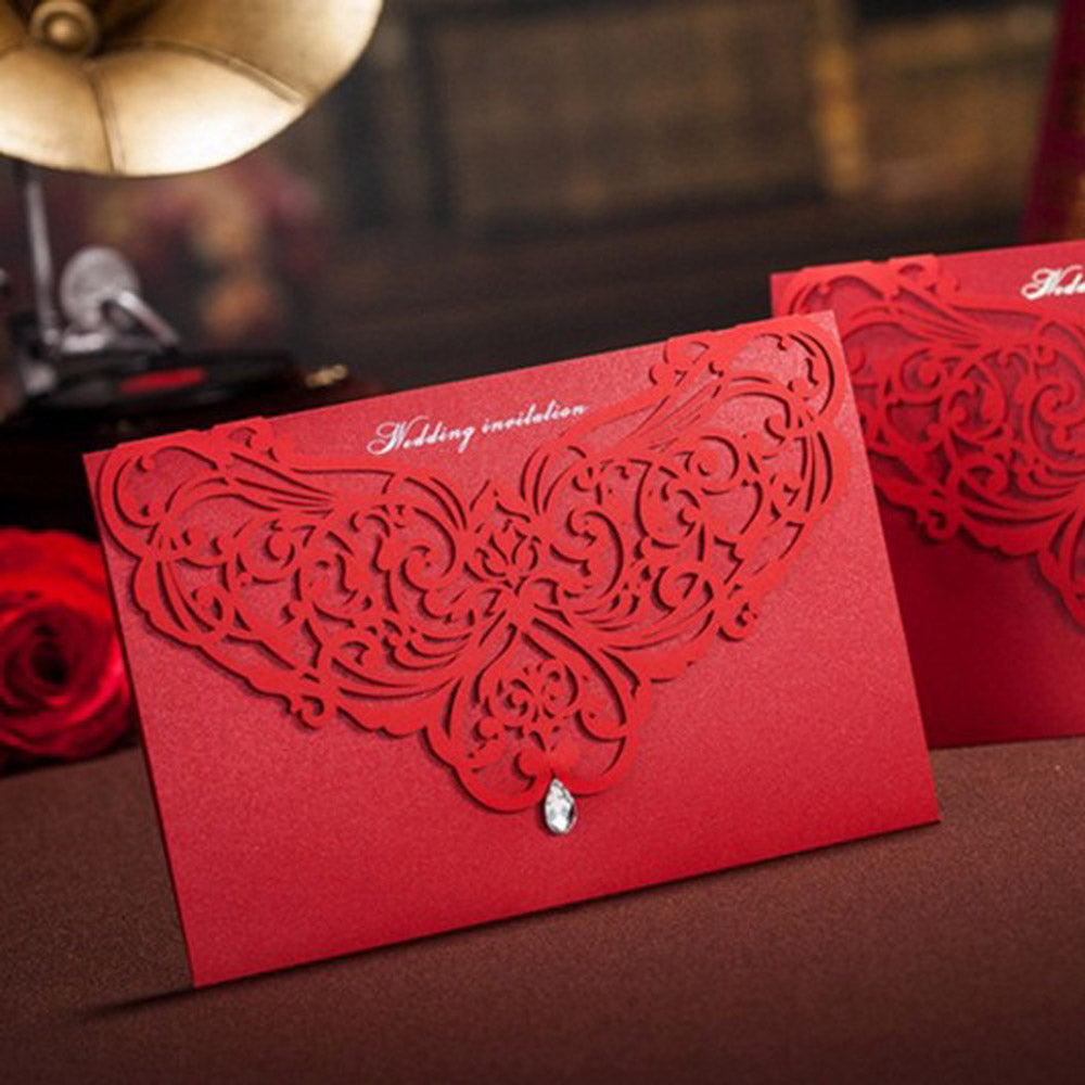Horizontal Laser Cut Wedding Invitation with Red Hollow Flora Favors and Rhinestone - DorisHome