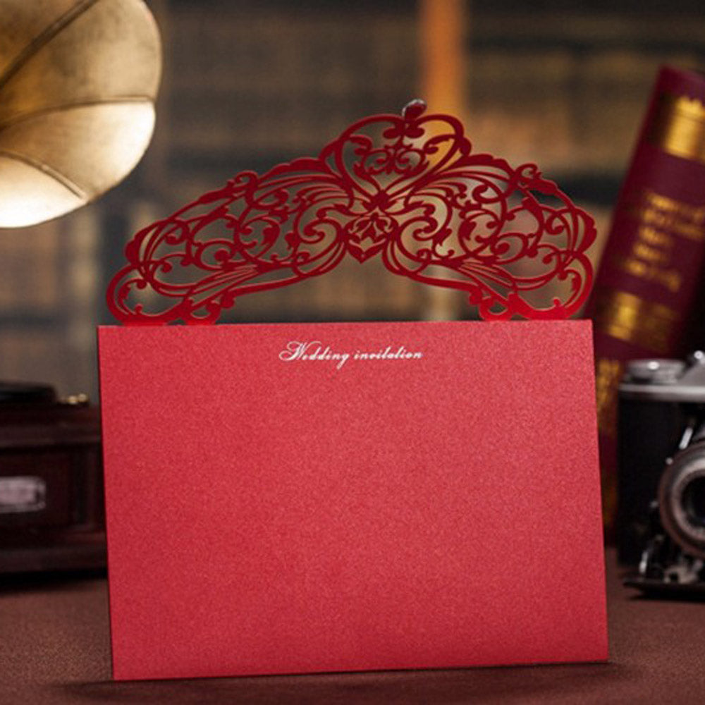 Horizontal Laser Cut Wedding Invitation with Red Hollow Flora Favors and Rhinestone - DorisHome
