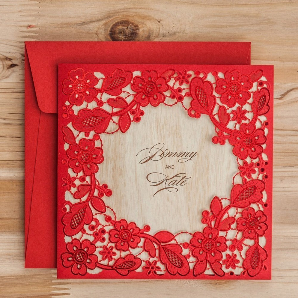 Red Square Hollow Flora Vintage Laser Cut Wedding Invitation - DorisHome