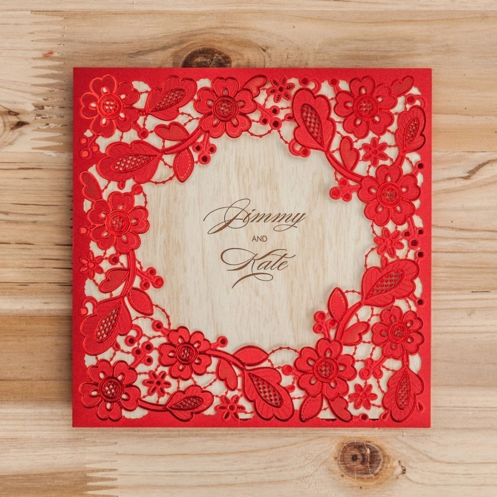 Red Square Hollow Flora Vintage Laser Cut Wedding Invitation - DorisHome