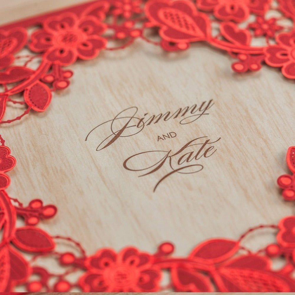 Red Square Hollow Flora Vintage Laser Cut Wedding Invitation - DorisHome