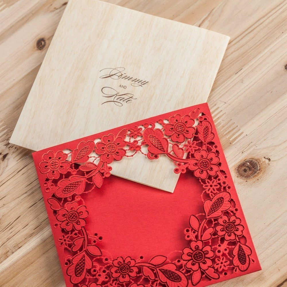 Red Square Hollow Flora Vintage Laser Cut Wedding Invitation - DorisHome