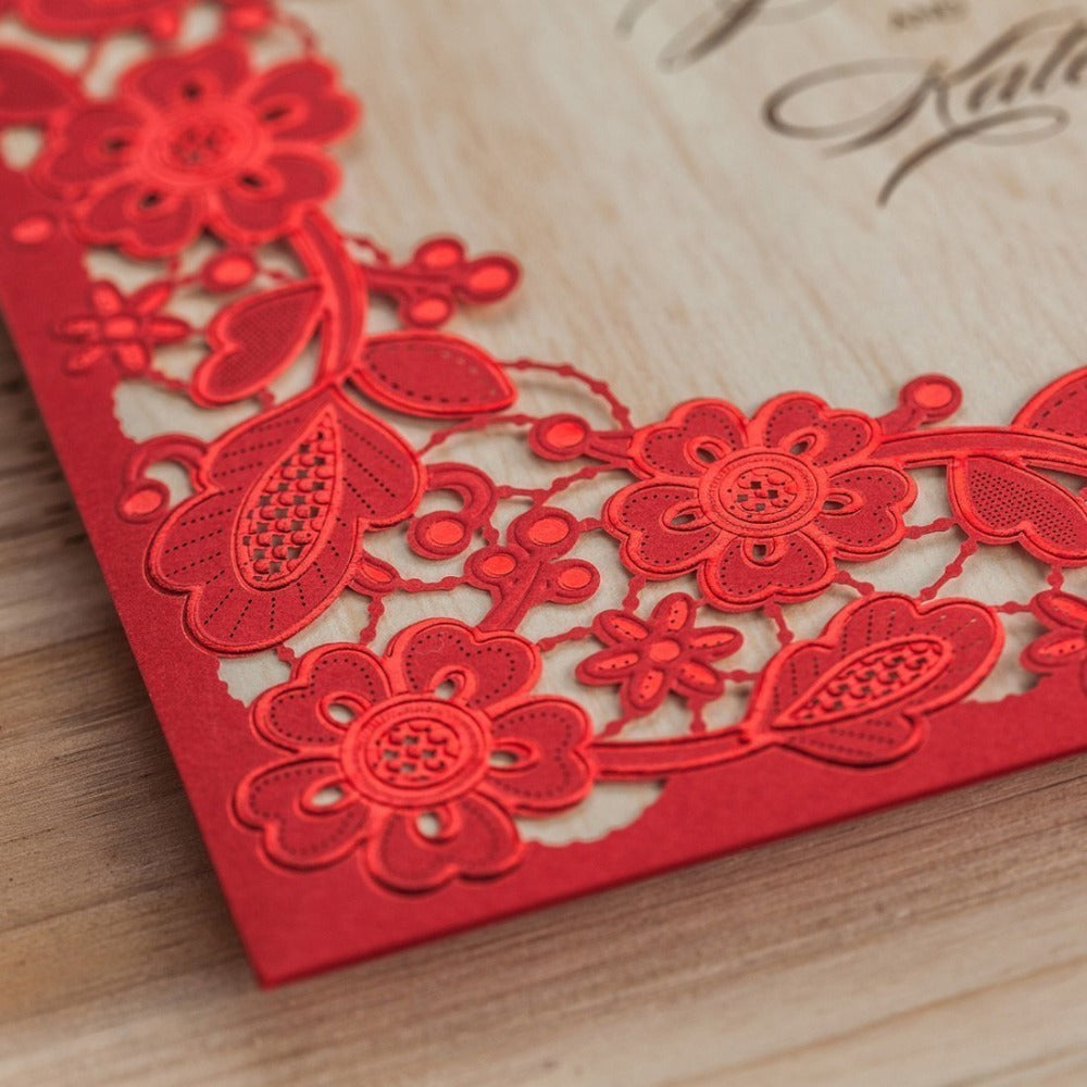 Red Square Hollow Flora Vintage Laser Cut Wedding Invitation - DorisHome