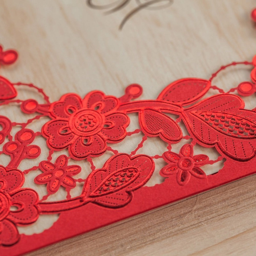 Red Square Hollow Flora Vintage Laser Cut Wedding Invitation - DorisHome