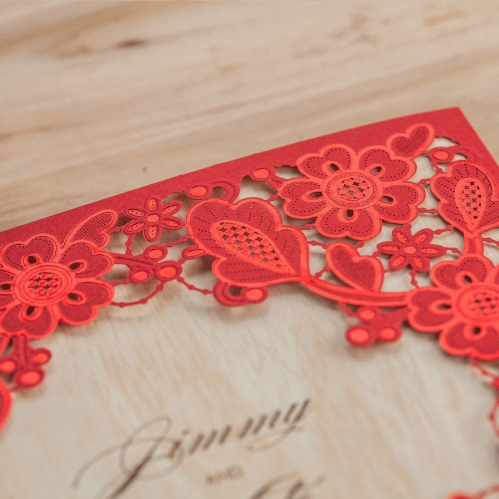 Red Square Hollow Flora Vintage Laser Cut Wedding Invitation - DorisHome