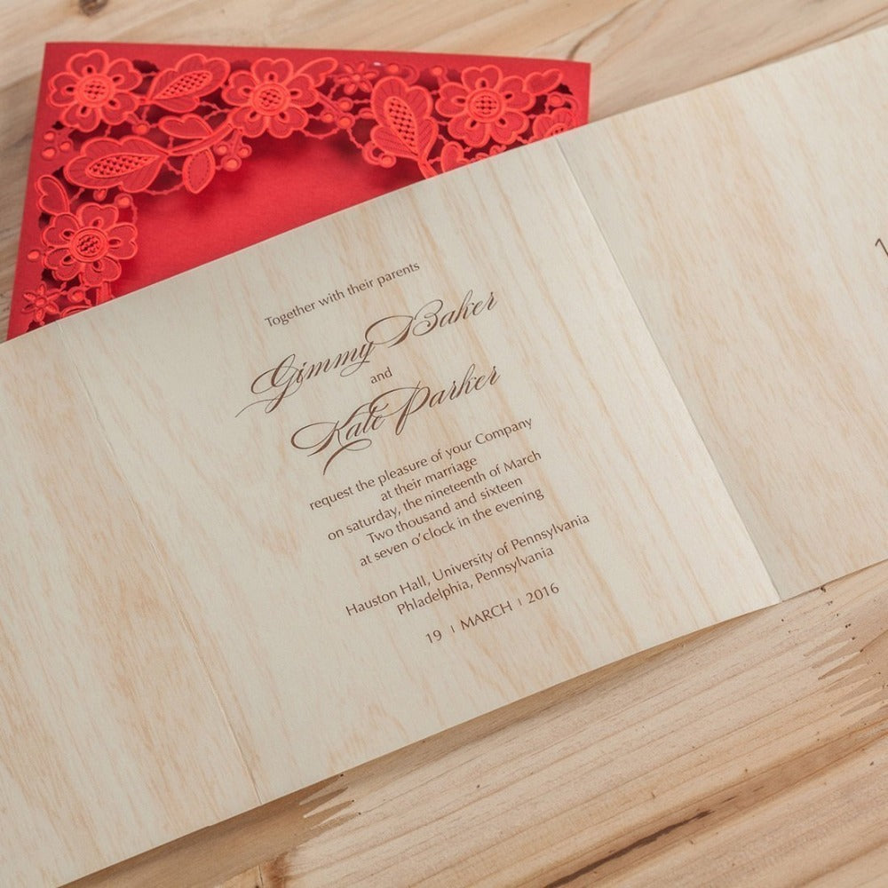 Red Square Hollow Flora Vintage Laser Cut Wedding Invitation - DorisHome